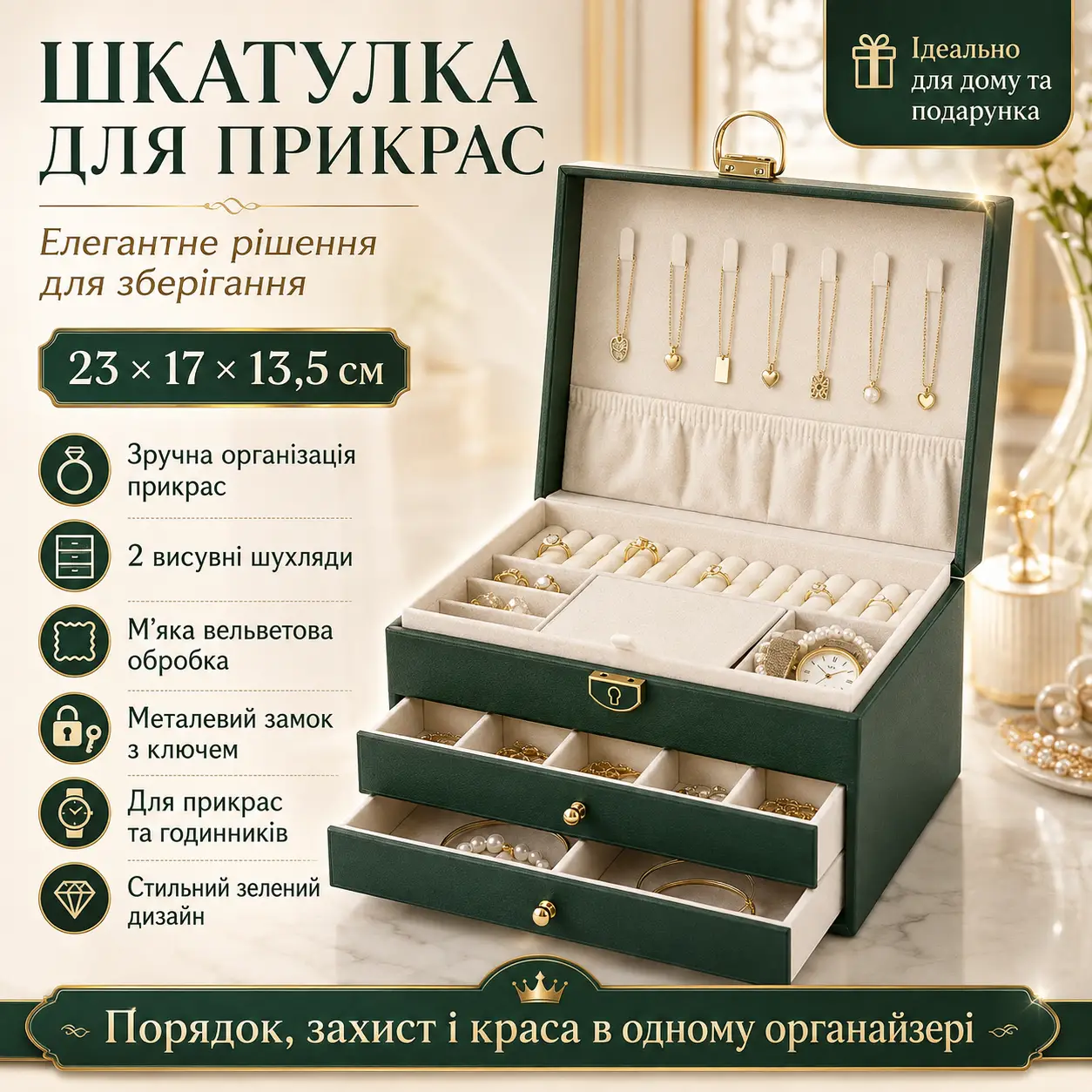Скринька органайзер для прикрас, 23х17х13,5 см, Зелена XL-1319 / Шкатулка з замком / Кейс для біжутерії та годинників