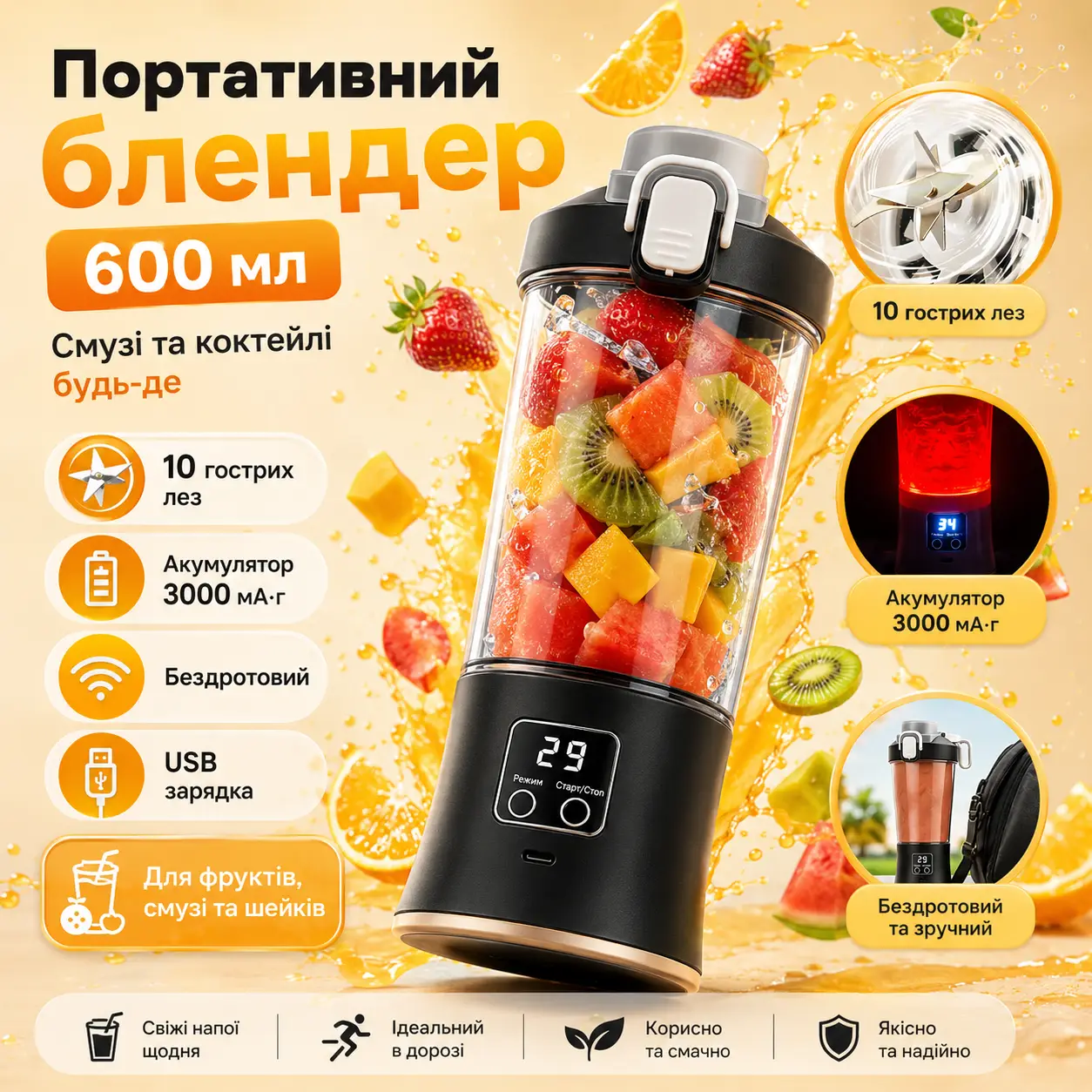 Портативний мініблендер 600 мл, XL-1427, Чорний/Акумуляторна пляшка-блендер/Блендер для смузі