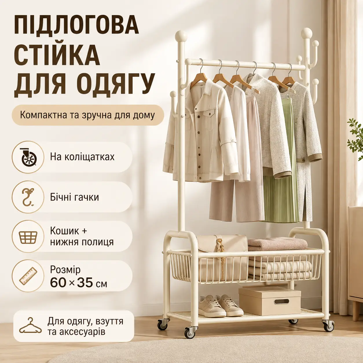 Підлогова стійка-вішалка для одягу 60×35 см із поперечиною, бічними гачками, кошиком, полицею для взуття та коліщатками