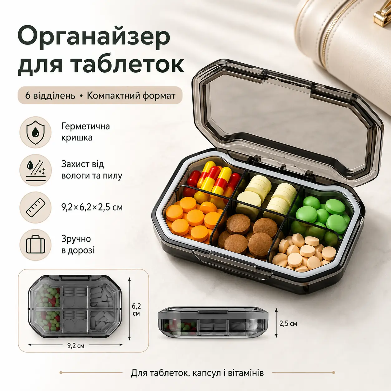 Таблетниця герметична на 6 відділень, Сірий/ Органайзер для таблеток L1225/Контейнер для ліків