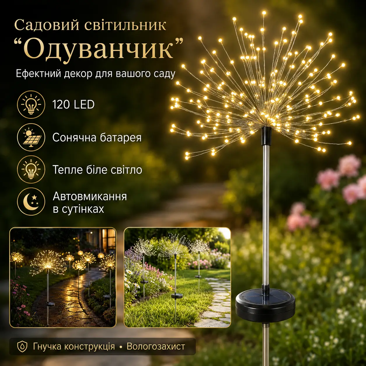 Садовий світильник на сонячній батареї Кульбабаба, 120 LED, Жовтий/Вільний ліхтар газонний/Декоративний світильник для саду