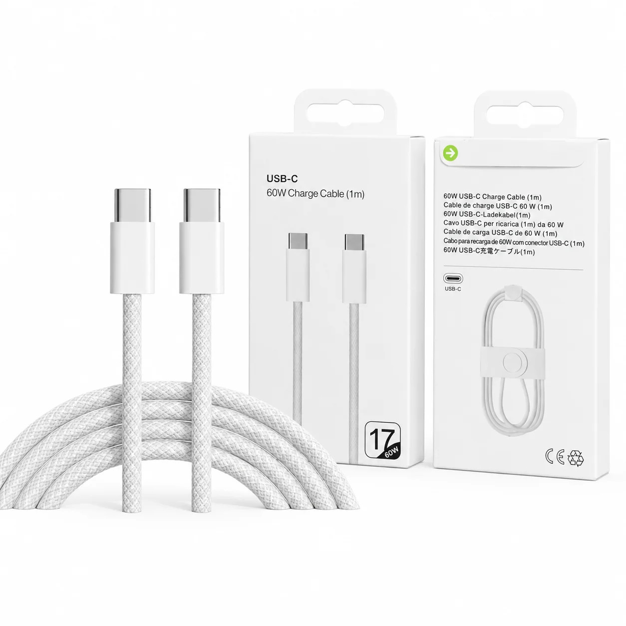 Кабель Type-C–Type-C 26X-198 60W 1 м білий • Кабель USB-C–USB-C 26X-198 для швидкого заряджання iPhone 17 Pro Max із тканинним обплетенням і SIM-ключем