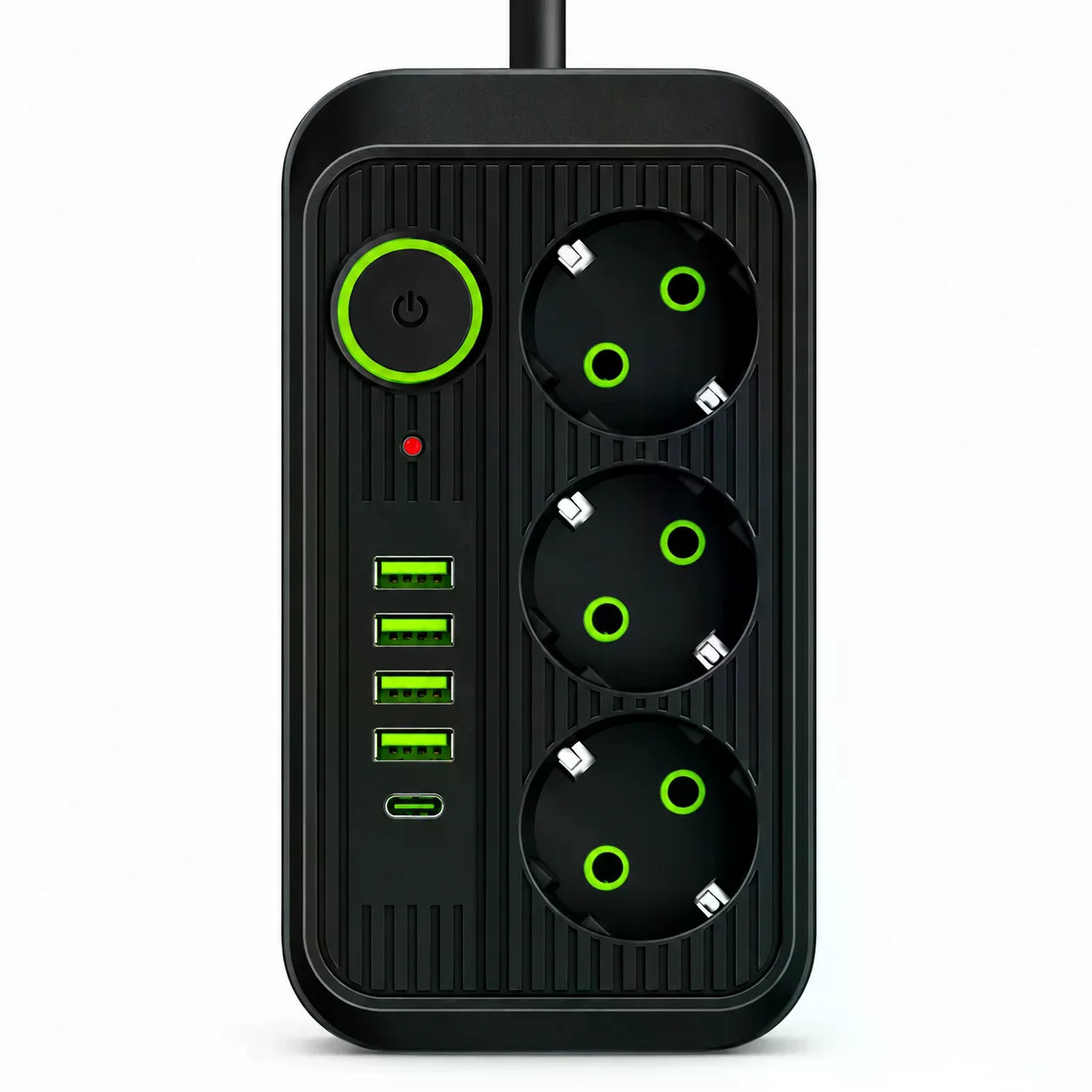 Мережевий фільтр Power Socket F09U 2500 Вт 2 м чорний • Подовжувач Power Socket F09U на 3 розетки з 4 USB, PD Type-C і вимикачем