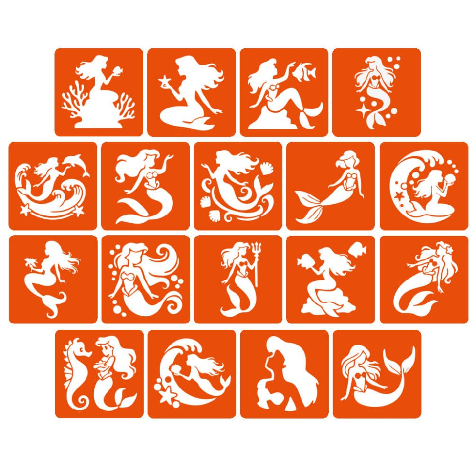 Набір трафаретів для біо-тату "Русалки" mermaids-5x5-18, 18 трафаретів