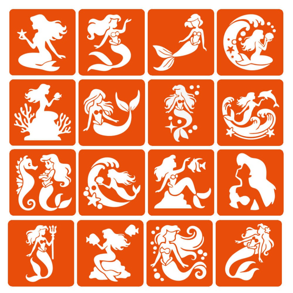 Набір трафаретів для біо-тату "Русалки" mermaids-6x6-16, 16 трафаретів