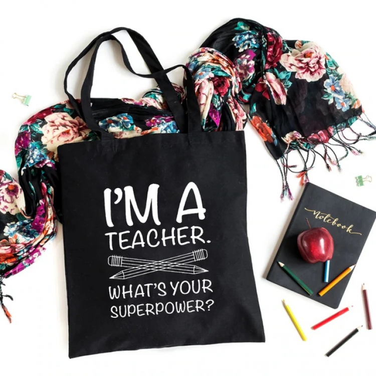 Еко сумка шоппер з принтом Я вчитель I am A Teacher Whats Superpower39х34 см (Чорний)