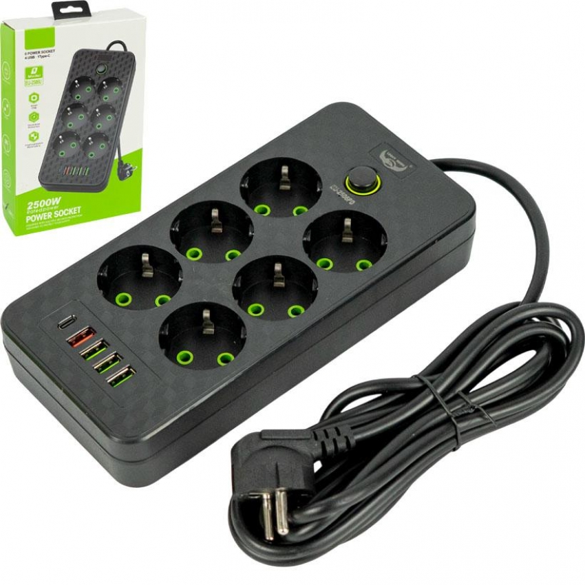 Мережевий фільтр-подовжувач 6 розеток 4USB та Type-C Port 3m чорний