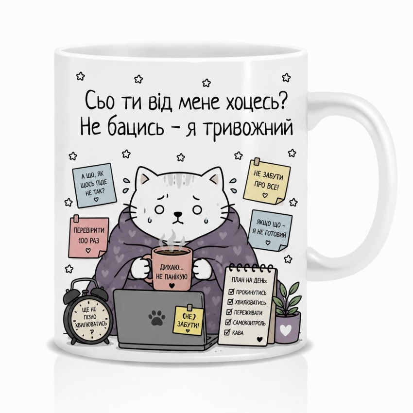 Оригінальна чашка з приколом Кіт тривожник
