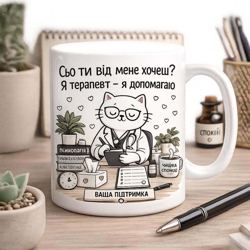 Оригінальна чашка з приколом для терапевта, Кіт терапевт