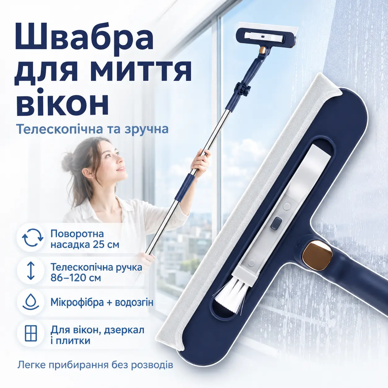Швабра для вікон телескопічна D 365 120х25 см, Синій / Поворотна швабра для миття вікон з щіткою / Швабра-щітка для миття скла