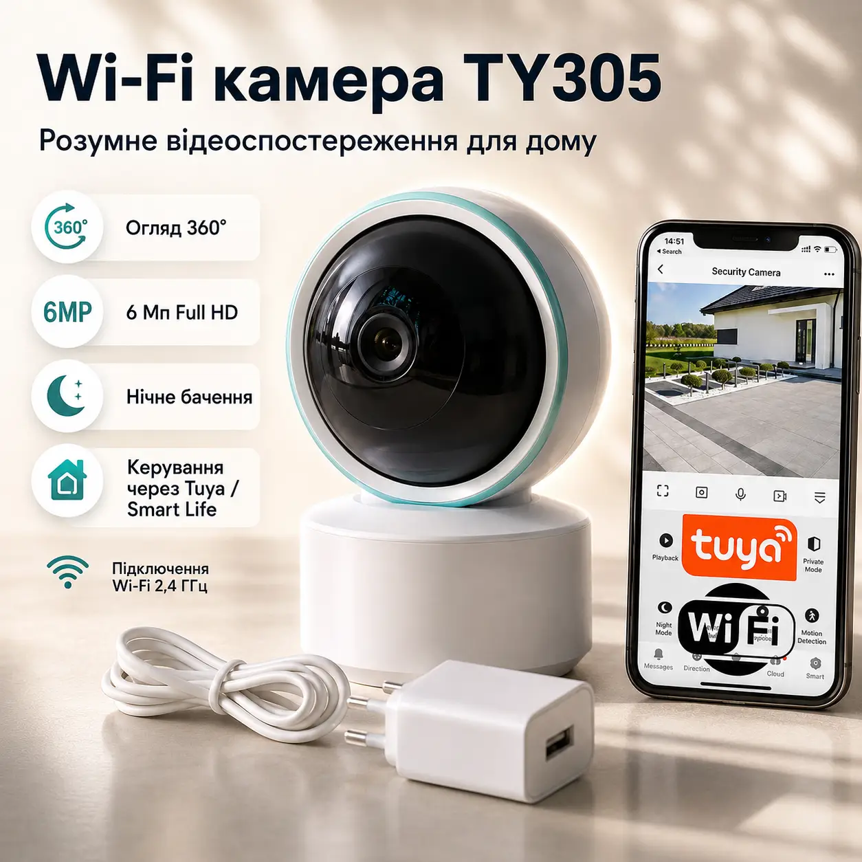 WIFI камера відеоспостереження 6MP, TY305, Біла/Вайфай відеоняня/Поворотна камера 360/IP Камера з керуванням телефоном