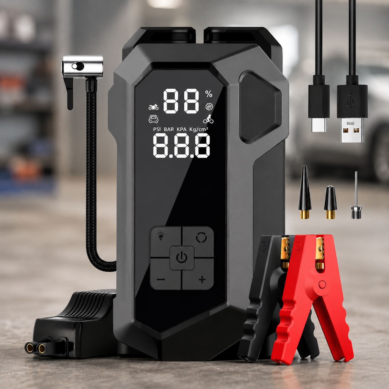 Пусковий пристрій з LED-підсвічуванням JUMP STARTER 18B 4в1 2000А 16000 мАг + компресор