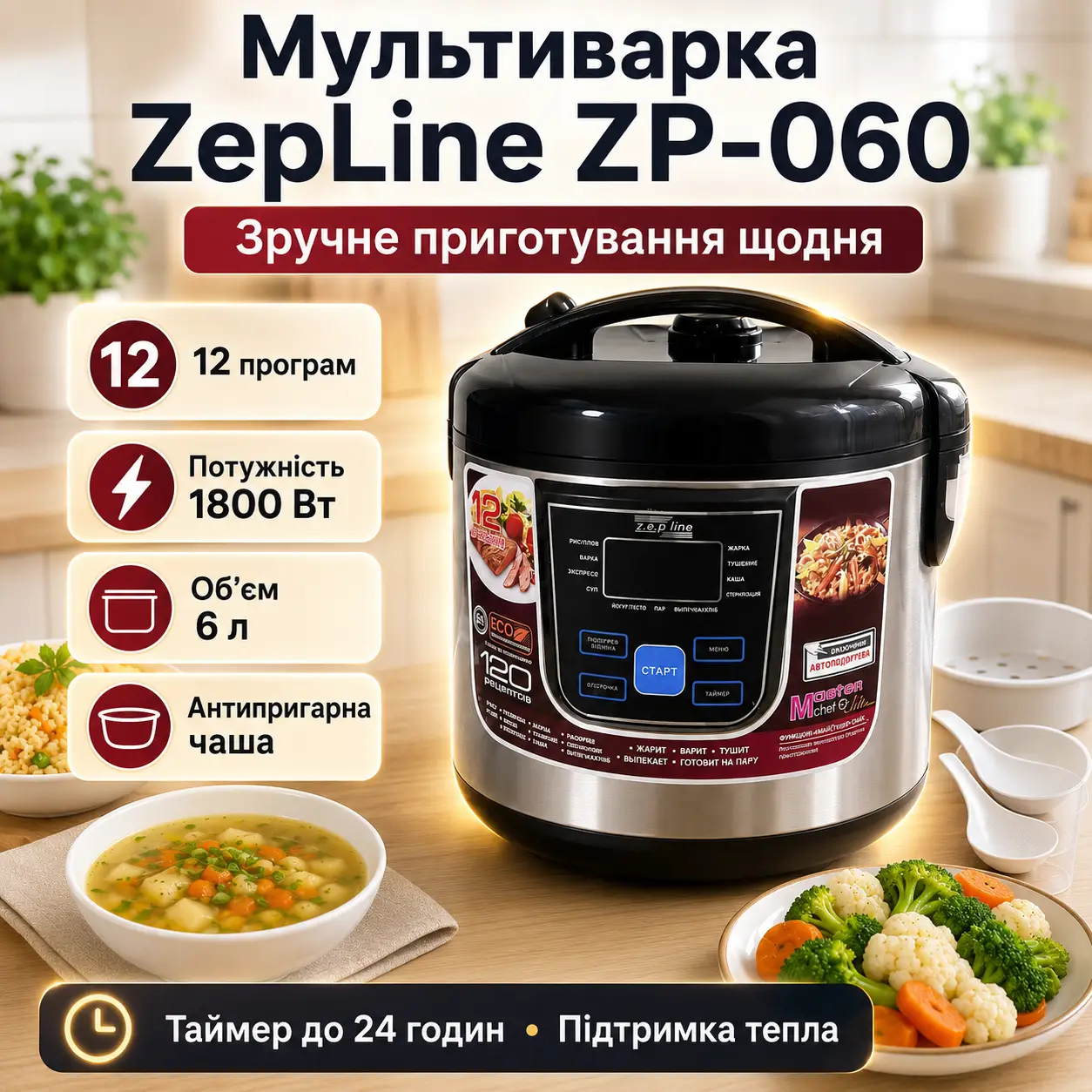 УЦІНКА! Мультиварка на 12 програм, 6 л, 1800 Вт, LED-дисплей, антипригарна чаша, ZepLine ZP-060, Чорна (Вм'ятина на корпусі 3610)