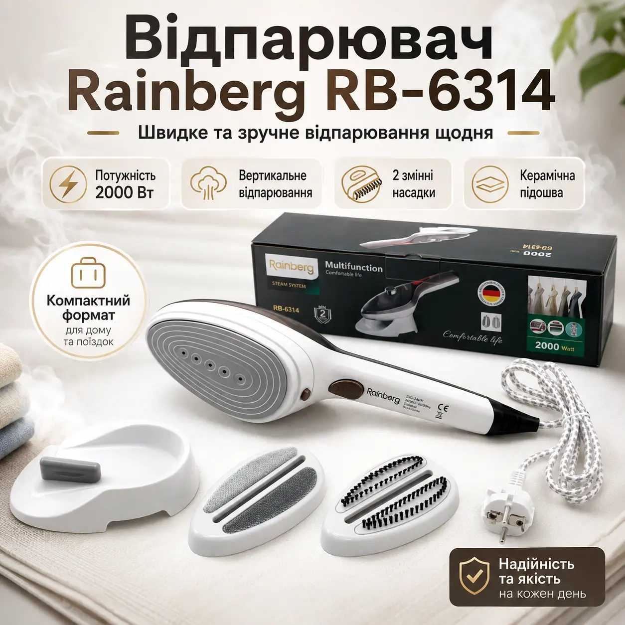 УЦІНКА! Ручний відпарювач для одягу Rainberg RB-6314 2000 Вт (Плохе паковання, не працює пар 3614)