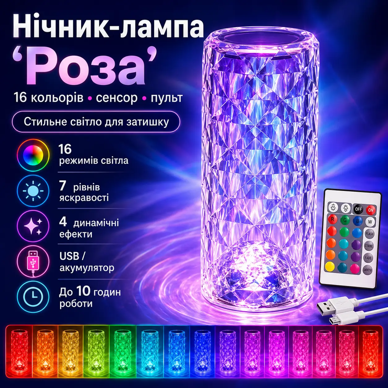 УЦІНКА! Настільна акумуляторна лампа з пультом 22 см нічник Троянда RGB Crystal Rose. (Плохе паковання 3620)