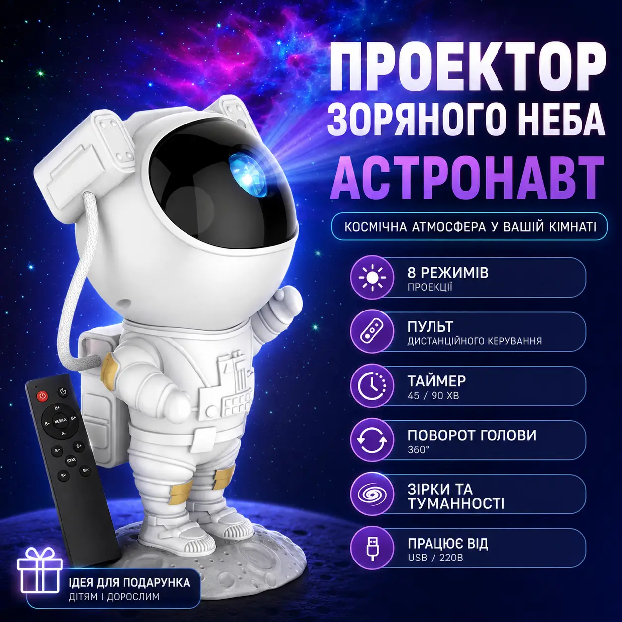 УЦІНКА! Нічник проєктор зоряного неба ВЕЛИКИЙ Космонавт — лазерний світильник проєктор астронавт з пультом (Плохе паковання 3636)