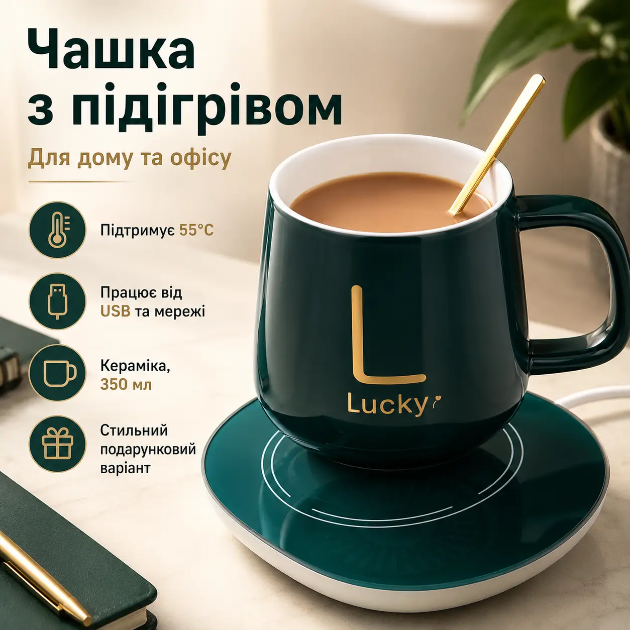 УЦІНКА! Чашка керамічна темно-зелена з підставкою — підігрівом і ложечкою в пакованні-пакеті (Плохе паковання, немає кришки 3637)