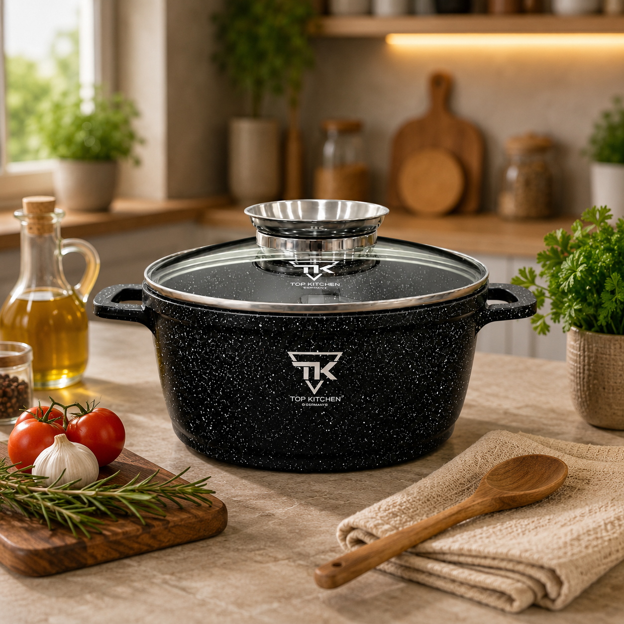 Чорна Каструля Top Kitchen з мармуровим покриттям та скляною кришкою TK00051 20 см 2,1л