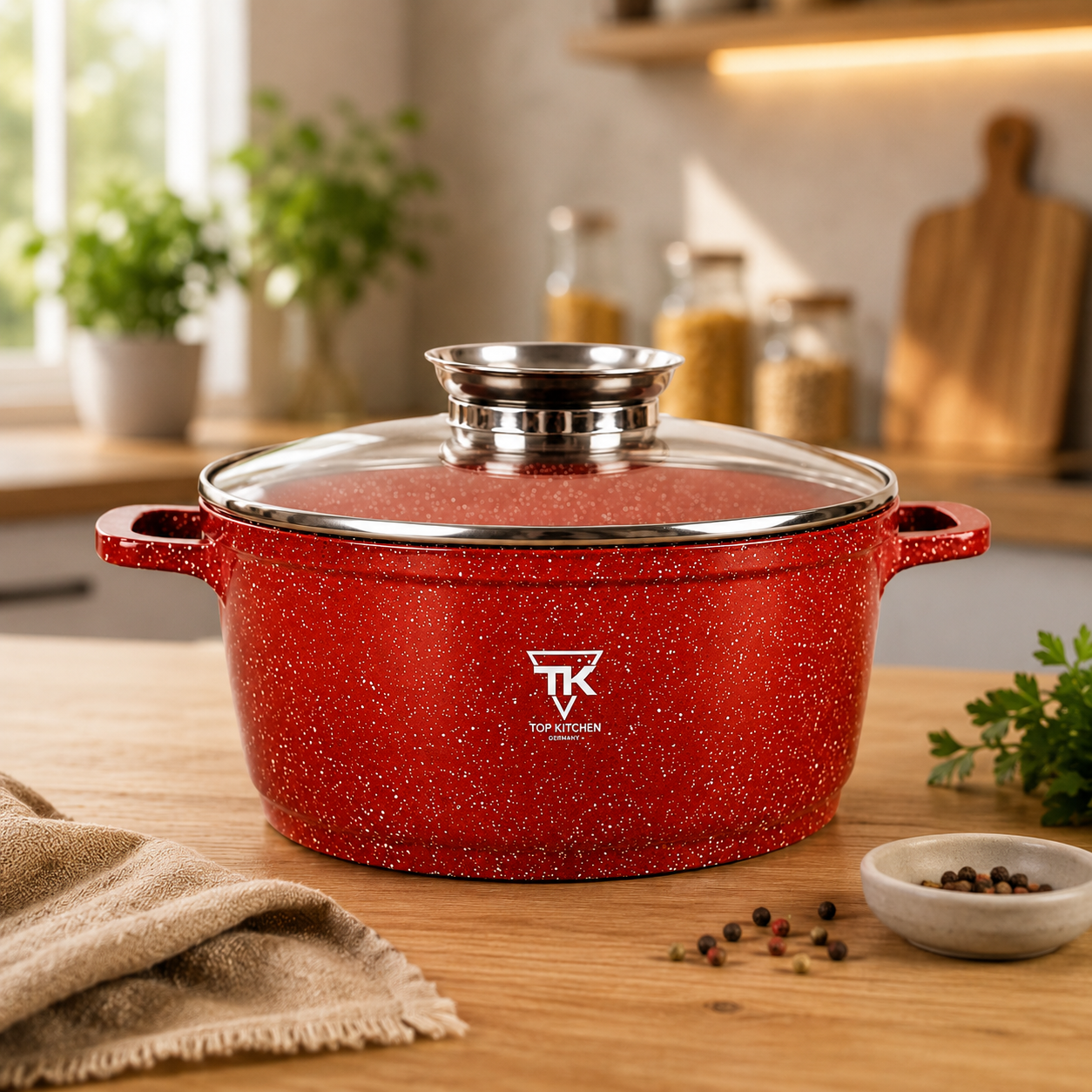 Червона Каструля Top Kitchen з мармуровим покриттям та скляною кришкою TK00051 20 см 2,1л
