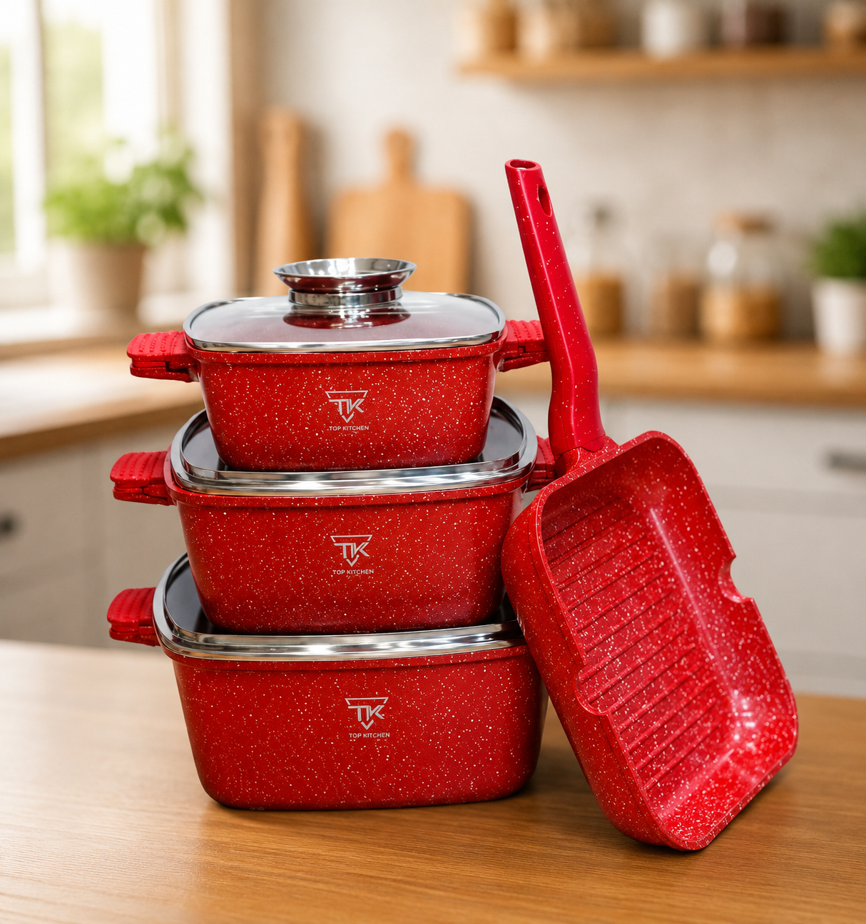 Червоний Набір посуду з гранітним покриттям Top Kitchen TK000103 3 каструлі + сковорода-гриль