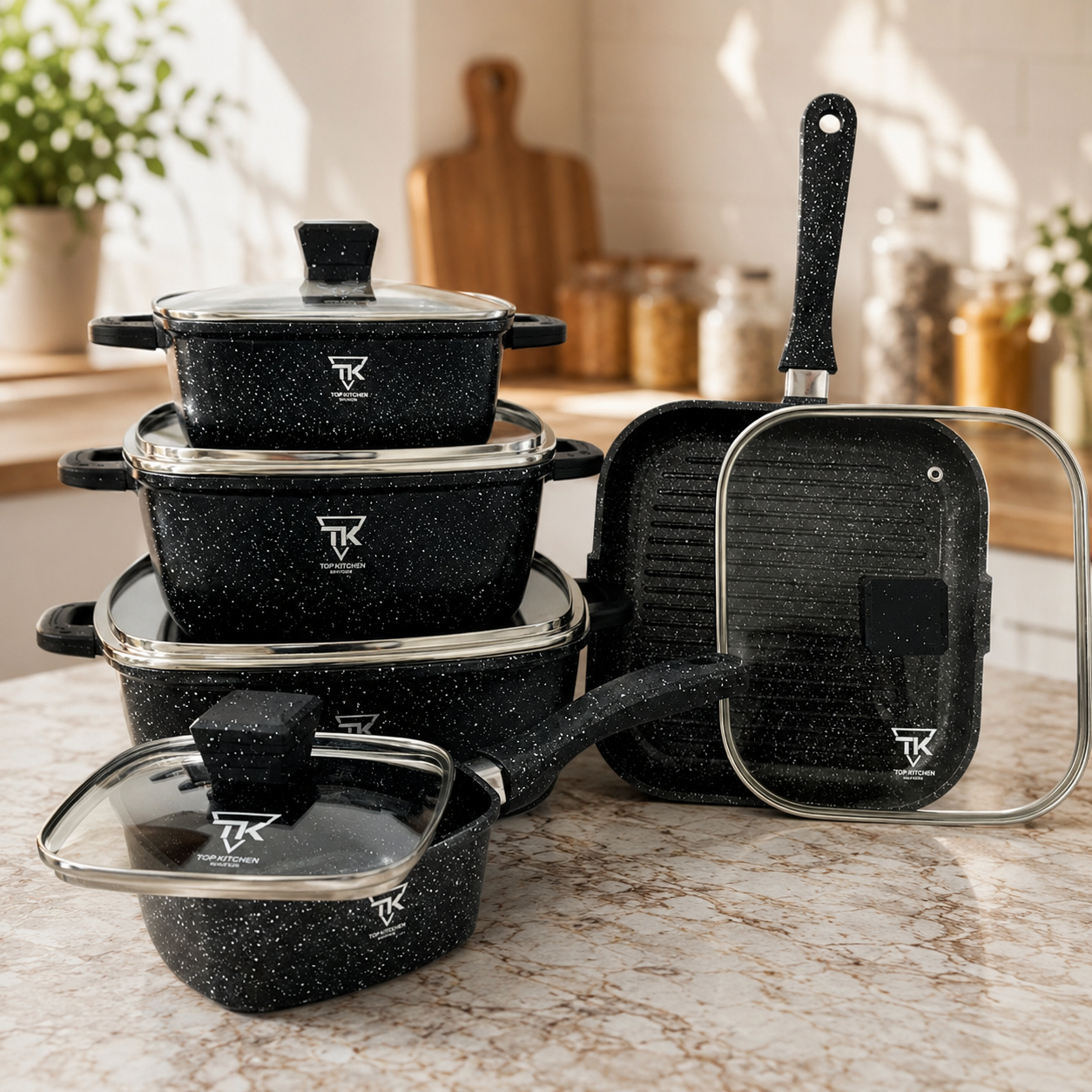 Чорний набір посуду з гранітним антипригарним покриттям Top Kitchen TK-00205 10 предметів