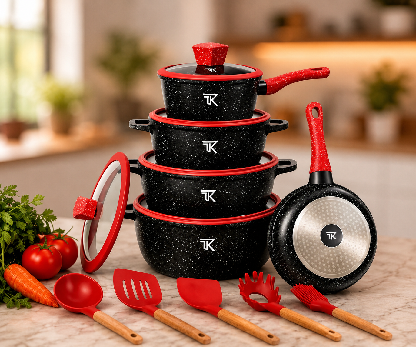 Чорний Набір посуду Top Kitchen TK00050L з мармуровим покриттям, 10 предметів + кухонне приладдя