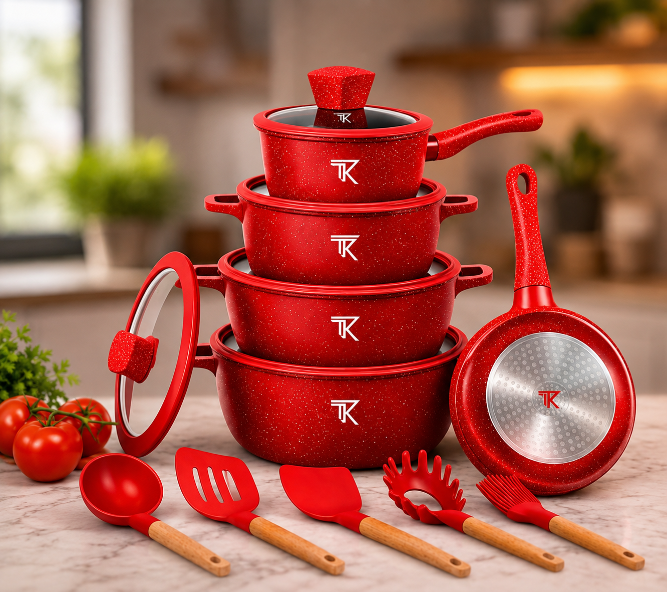 Червоний Набір посуду Top Kitchen TK00050L з мармуровим покриттям, 10 предметів + кухонне приладдя