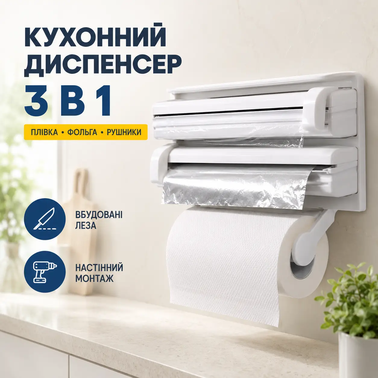 Кухонний диспенсер тримач рушників харчової плівки та фольги органайзер для кухні Triple Paper Dispenser