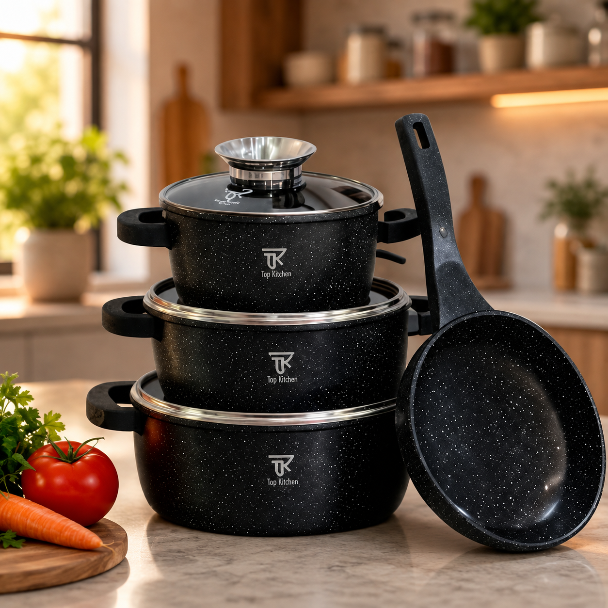 Чорний Набір каструль та сковорода Top Kitchen TK-00076 з антипригарним покриттям 7 предметів + 6 силіконових прихваток