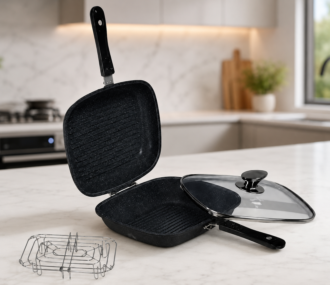 Сковорода-гриль двостороння Top Kitchen TK00097 з решіткою та кришкою 28×22 см
