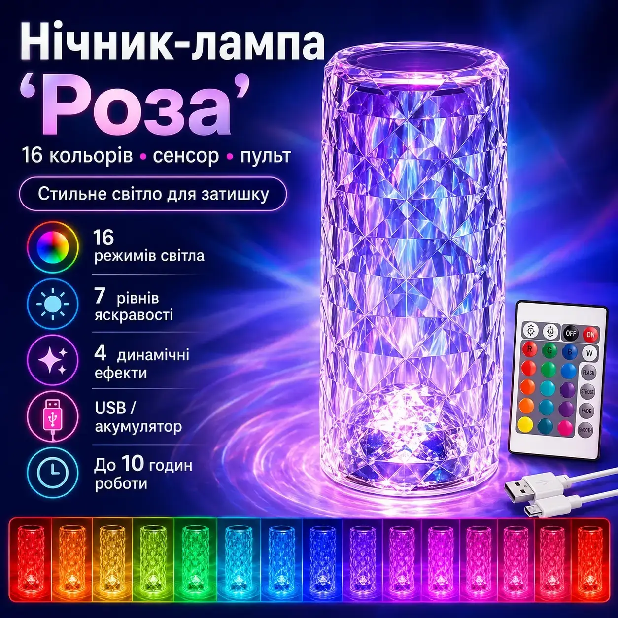 УЦІНКА! Настільна акумуляторна лампа з пультом 22 см нічник Троянда RGB Crystal Rose.(Кірочки на корпусі 3708))