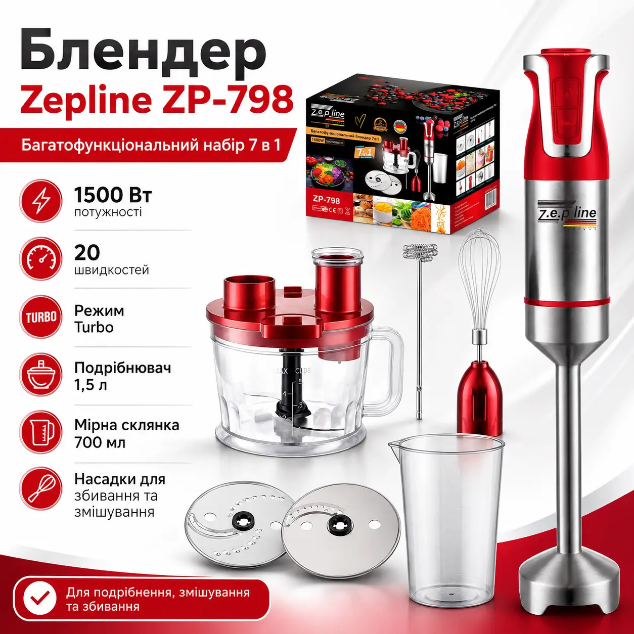 УЦІНКА! Блендер багатофункціональний 1500 Вт, від мережі, ZP-798, Червоний/Блендер заглибний/Рожевий блендер (пошкоджений корпус 3