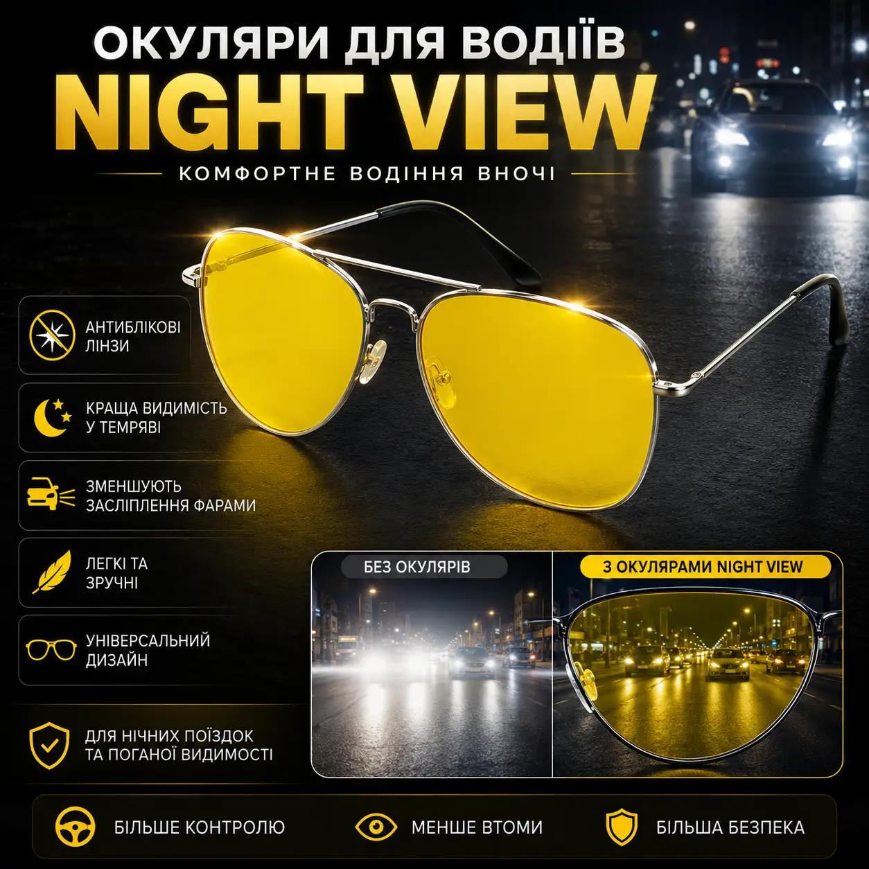 УЦІНКА! Антивідблискові окуляри для водіїв Night View Glasses з жовтими лінзами для нічного водіння (Плохе паковання 3647)