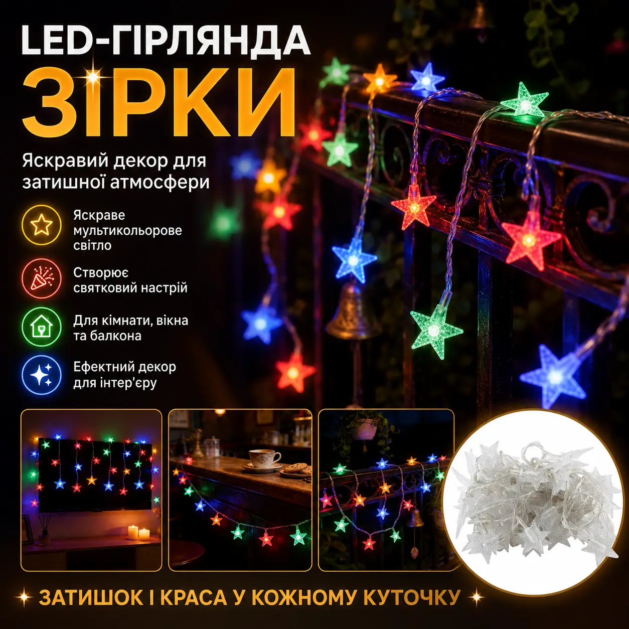УЦІНКА! Декоративна світлодіодна LED-гірлянда «Зірки» з різнобарвним світінням для кімнати, вікна, стіни (Плохе паковання 3681)