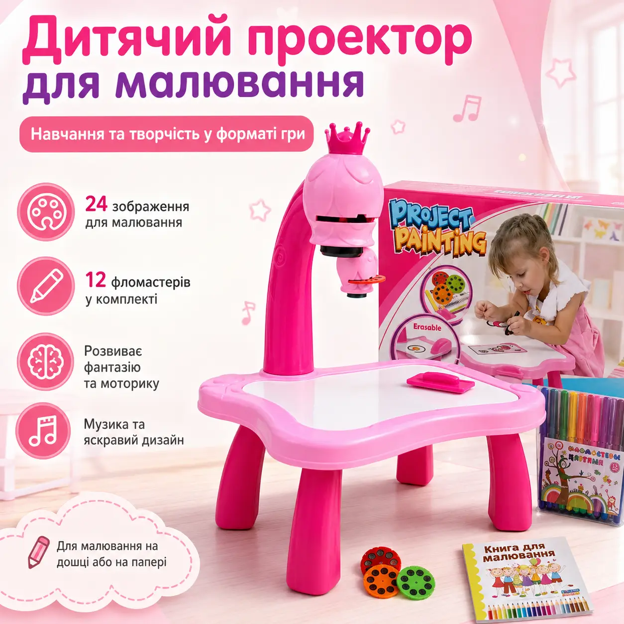 УЦІНКА! Дитячий стіл проєктор для малювання зі світлодіодною підсвіткою РОЗОВИЙ (пошкодження корпусу 3682)