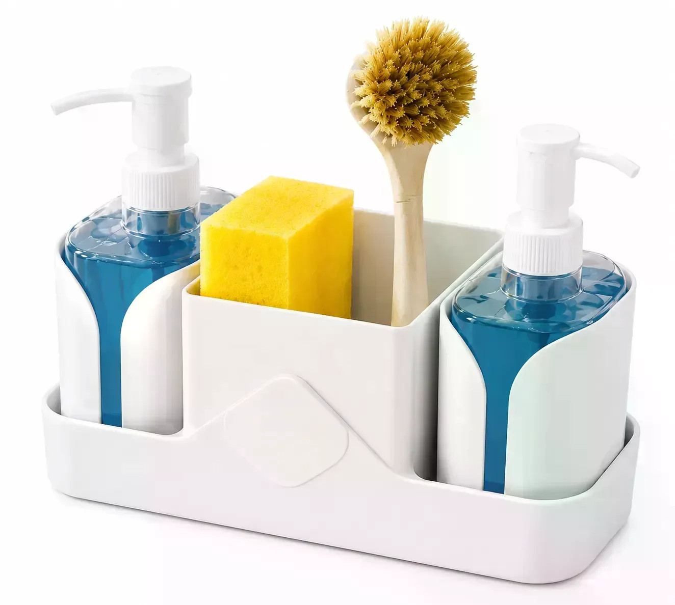Кухонний органайзер Multifunctional Soap Dispenser 24×16 см з дозатором для мила • Органайзер для раковини з дозатором миючого засобу, тримачем для губок і щіток