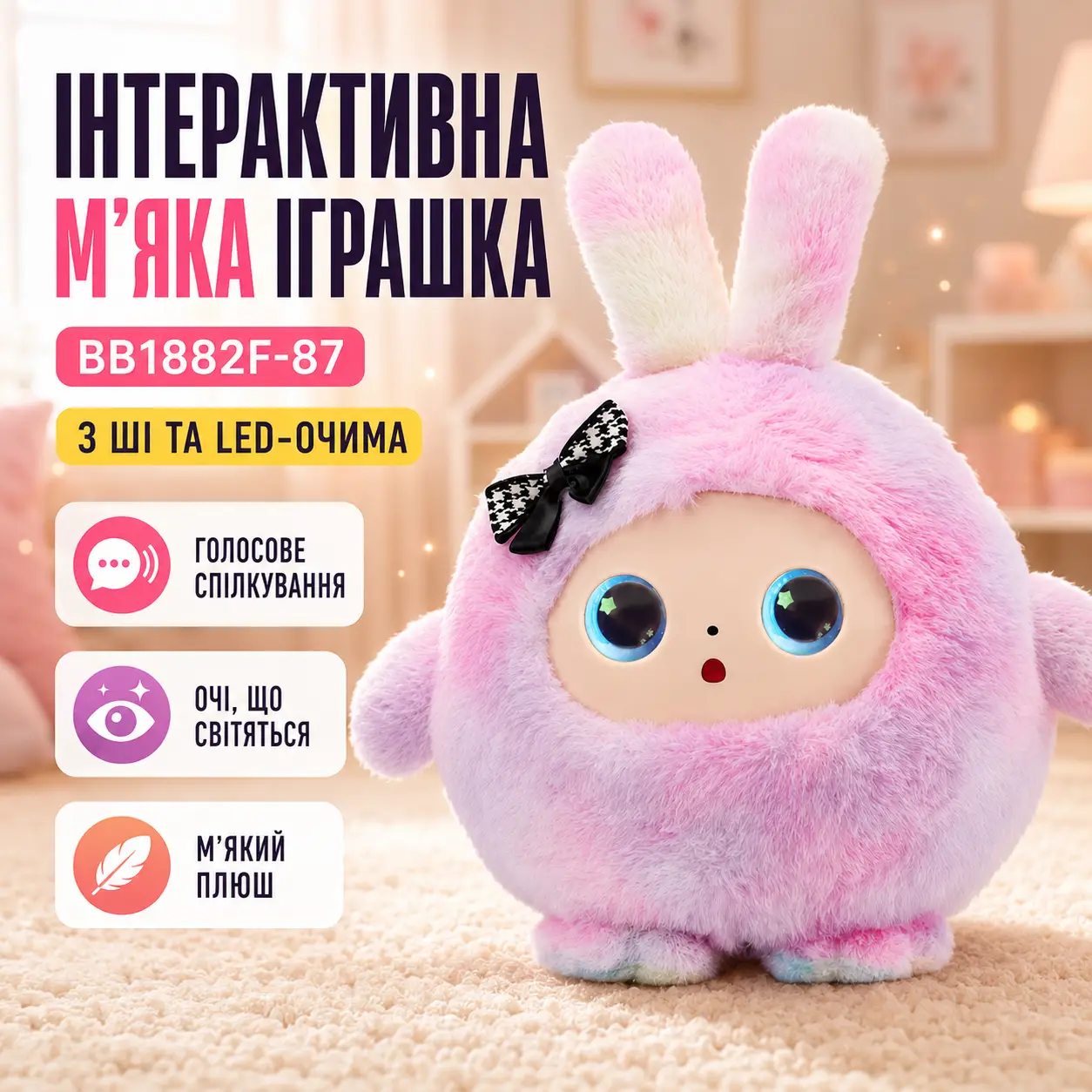 М'яка іграшка (BB1882F-87) (Розмова з ШІ та LED очима) (РОЖЕВА)