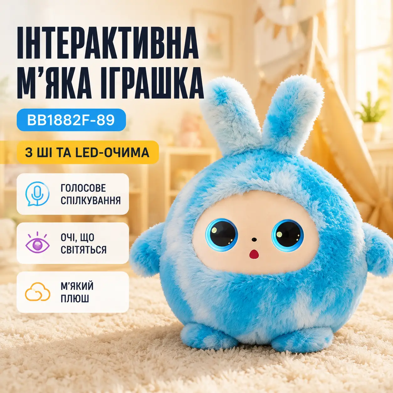 Інтерактивна м'яка іграшка BB1882F-89 синя зі штучним інтелектом, що говорить AI-іграшка з LED-очними для дітей