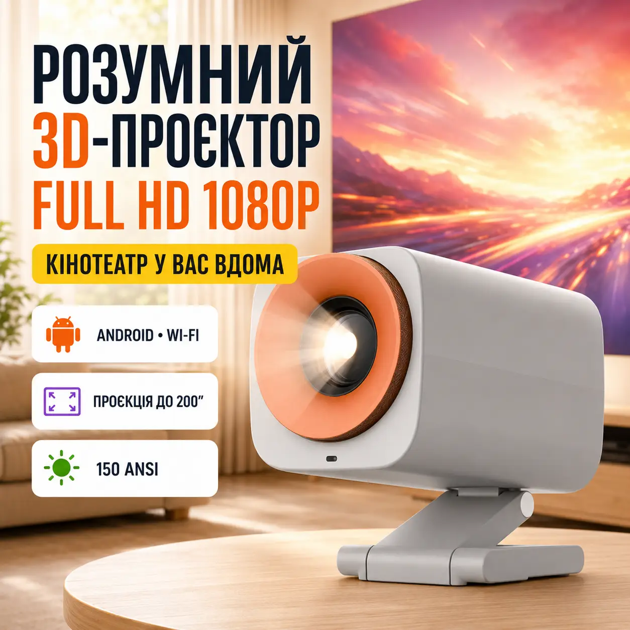Портативний смарт 3D-проектор 1080P FULLHD Білий