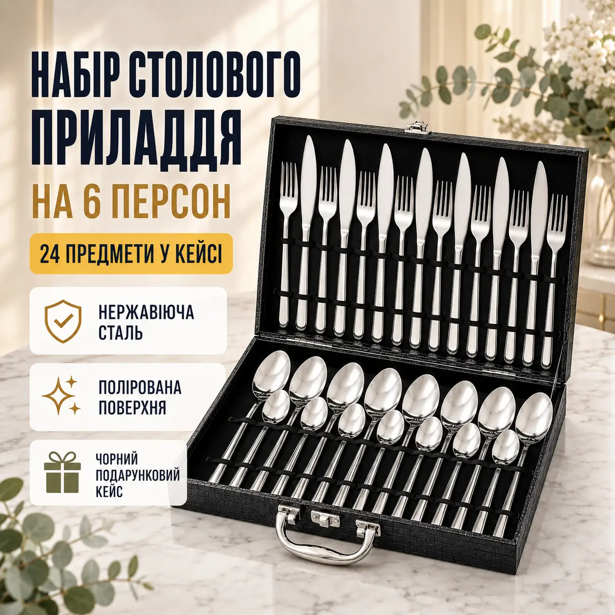 Набір столових приборів із неіржавкої сталі, 24 предмети, у кейсі, Чорний/Набір для сервірування/полові прилади у валізі