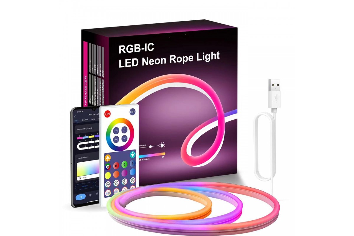 Неонова світлодіодна стрічка LED Neon Strip 5 м · Неоновий RGB гнучкий шнур з керуванням від телефону