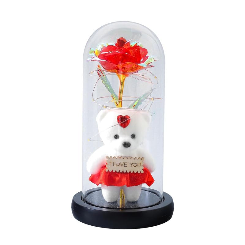 Троянда в скляній колбі Rose of Love з LED-підсвічуванням і плюшевим ведмедиком